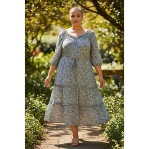 Anthropologie Kira Off Shoulder Blue Floral Boho Prairie Midi Dress Women’s Sz16